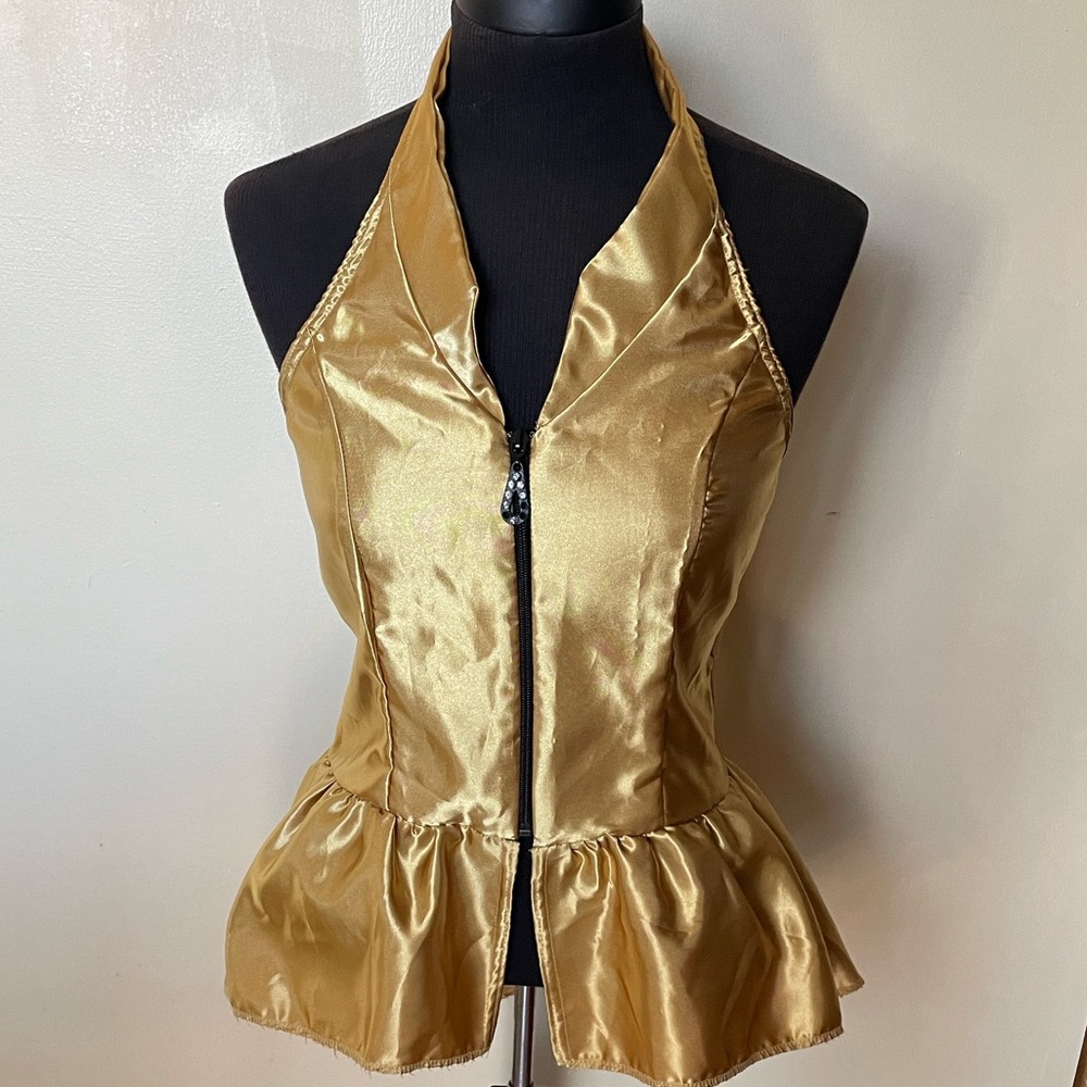 Gold Satin Halter Peplum Zip-Front Top - Picture 8 of 11